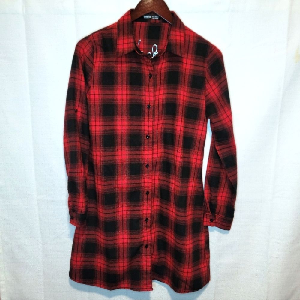 Shein Red and Black Plaid Button Down Shirt Dress Roll Tab Sleeves Size Small